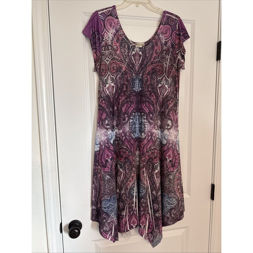 World Unity Womens LARGE Boho Maxi Dress Paisley Pink Purple Stretch Sleeveless